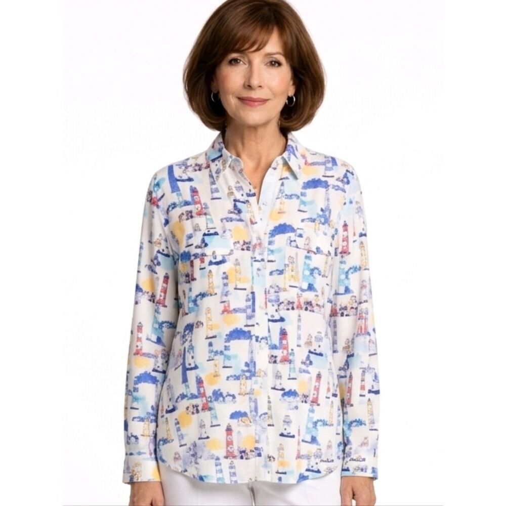 Chico's White Lighthouse Pattern Long Sleeve Button Down Shirt Size 2